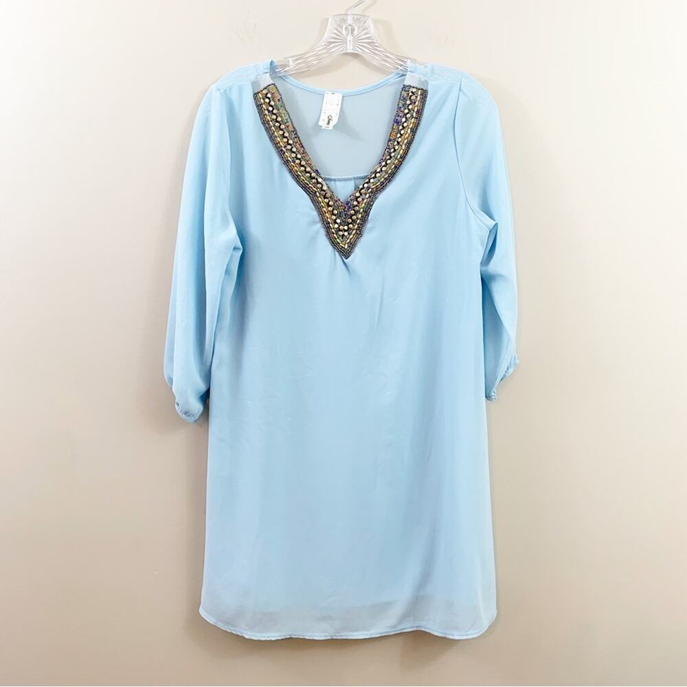 Cheeky Beaded Trim Sky Blue Tunic Dress
